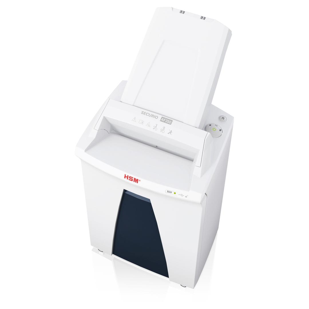 Destructeur de documents secrets P6 Coupe micro-particules Insertion papier automatique AF350 Securio Autofeed 0,78 x 11 mm avec insertion papier automatique HSM — Vue de dessus