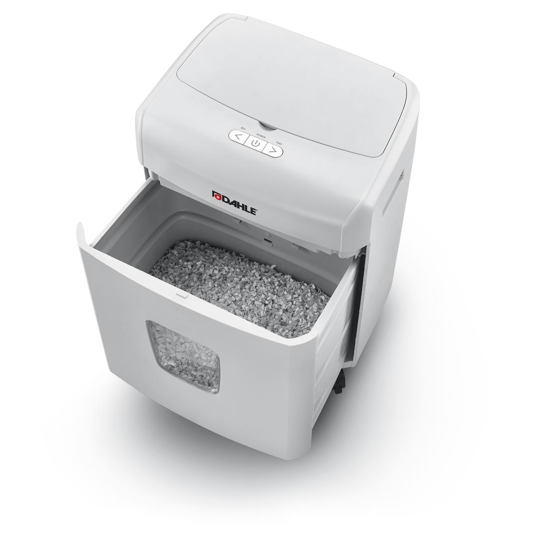 Destructeur de documents confidentiels P4 Coupe croisée Insertion papier automatique ShredMATIC 90 P4 4 x 12 mm avec insertion papier automatique DAHLE — Bac collecteur ouvert