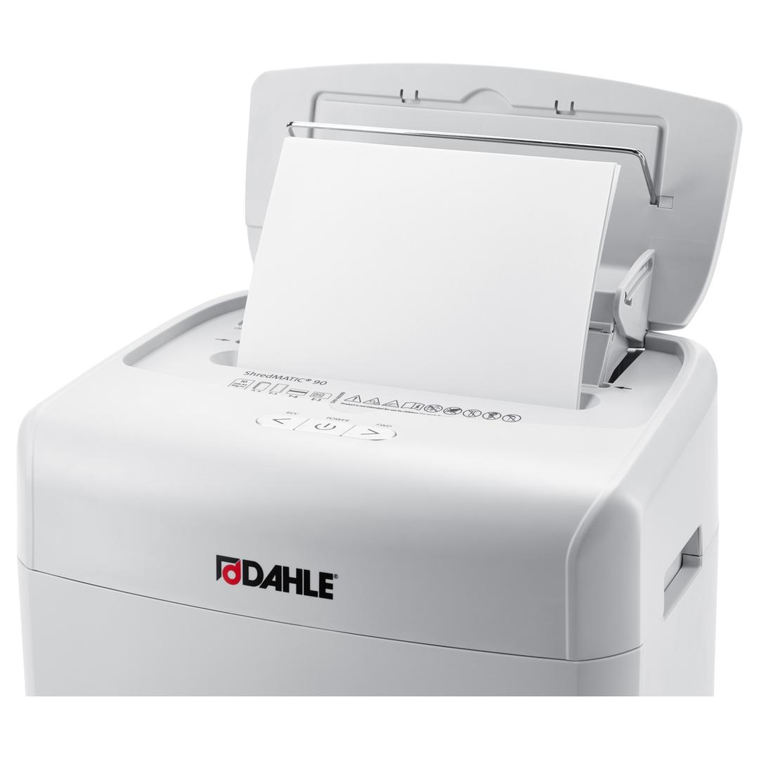 Destructeur de documents confidentiels P4 Coupe croisée Insertion papier automatique ShredMATIC 90 P4 4 x 12 mm avec insertion papier automatique DAHLE — Insertion papier