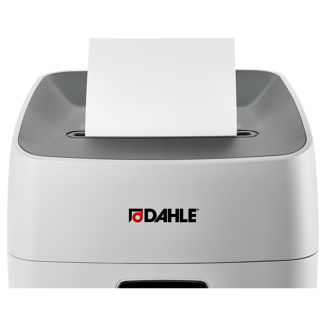 Destructeur de documents très confidentiels P5 Coupe croisée Deskside 504P 2 x 15 mm DAHLE — Insertion papier vue de face