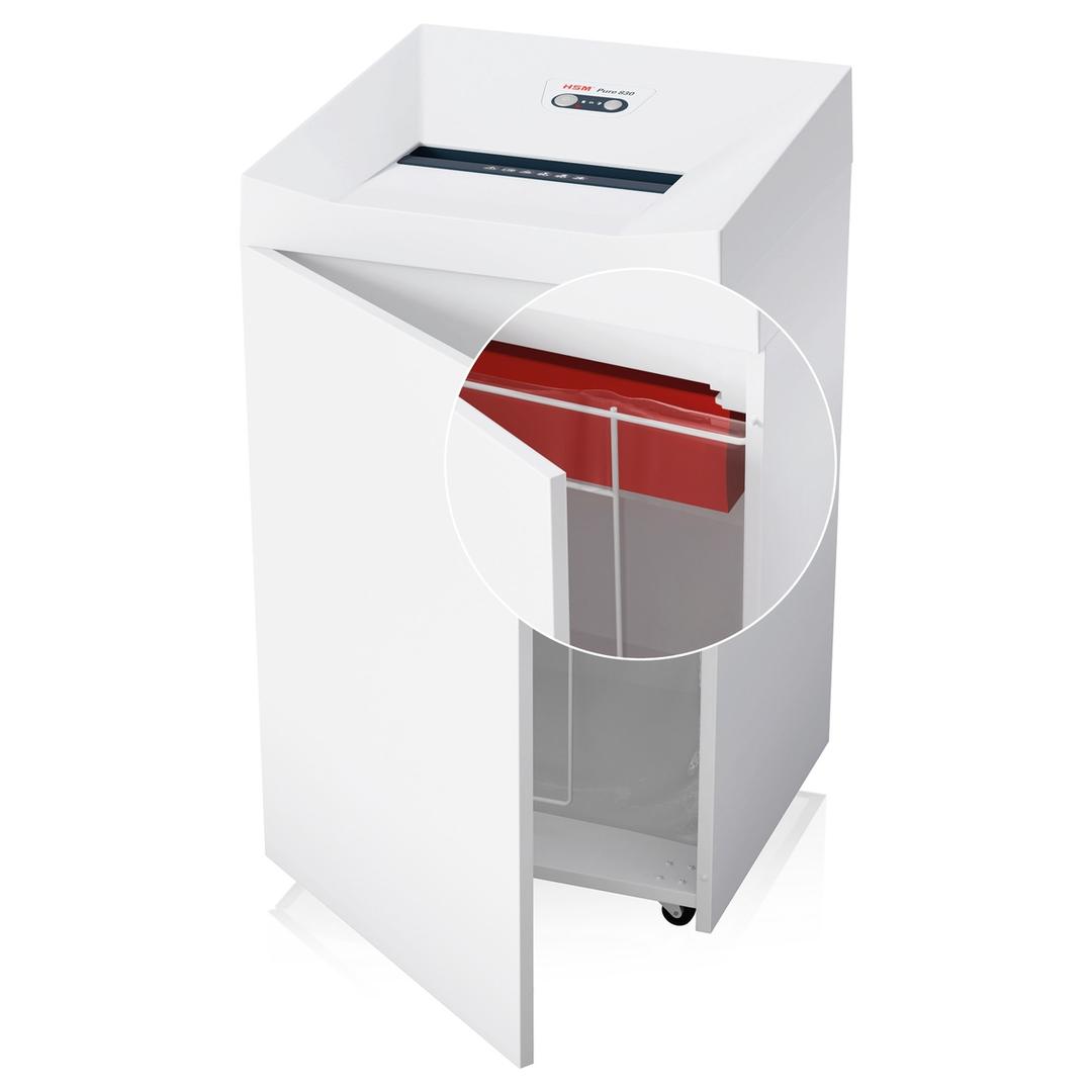 Destructeur de documents confidentiels P4 Coupe croisée 830 Pure 4,5 x 30 mm HSM — Détails collecteur