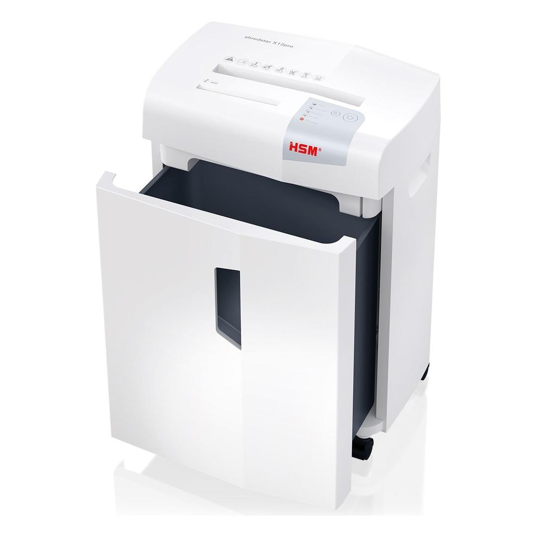 Destructeur de documents X12pro Shredstar 2 x 15 mm HSM - Destructeur de documents HSM shredstar X12pro, porte ouverte et corbeille de 30 litres sortie