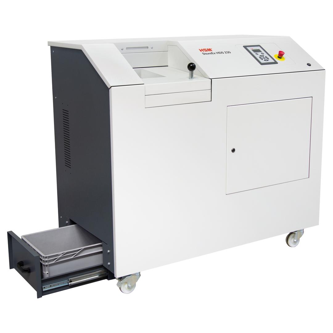 Destructeur de médias Destructeur de médias StoreEx HDS 230 - 20 x 40-50 mm avec tiroir à déchets HSM — Collecteur ouvert