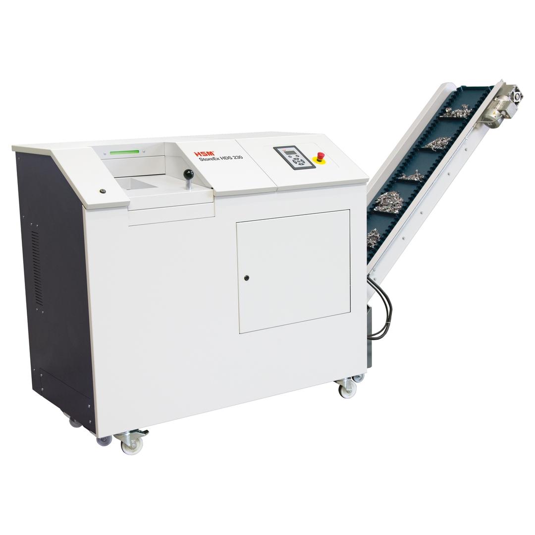 Destructeur de médias Destructeur de médias StoreEx HDS 230 - 20 x 40-50 mm avec bande d'évacuation HSM — Bande d'évacution avec déchets