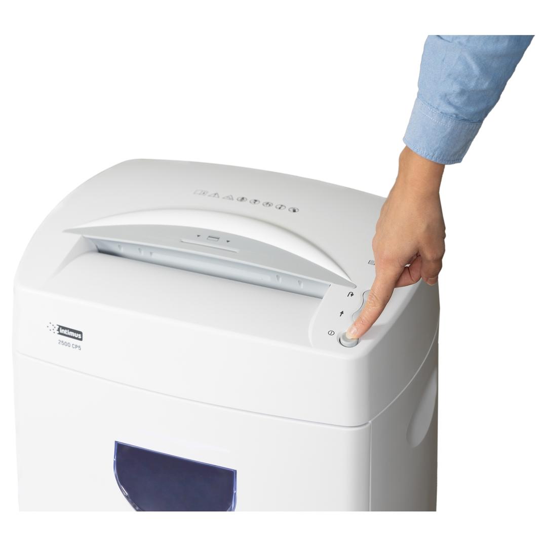 Destructeur de documents très confidentiels P5 Coupe croisée 2500 CP5 2 x 12 mm INTIMUS — Bouton power
