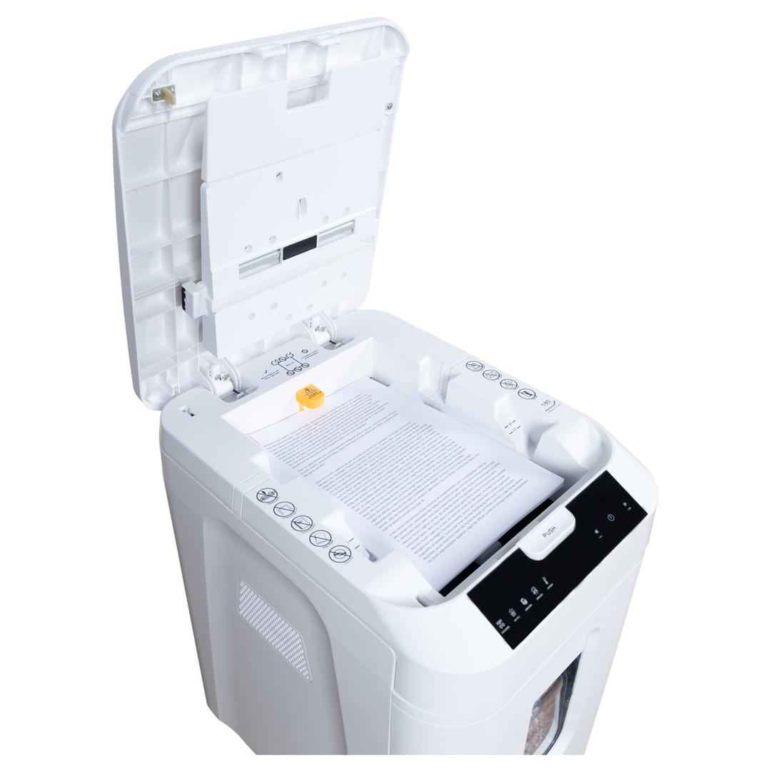 Destructeur de documents confidentiels P4 Coupe croisée AutoShred 180 CP4 4 x 12 mm insertion papier automatique INTIMUS — Bac insertion papier automatique ouvert