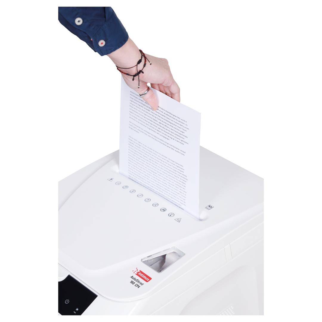Destructeur de documents confidentiels P4 Coupe croisée AutoShred 180 CP4 4 x 12 mm insertion papier automatique INTIMUS — Insertion papier