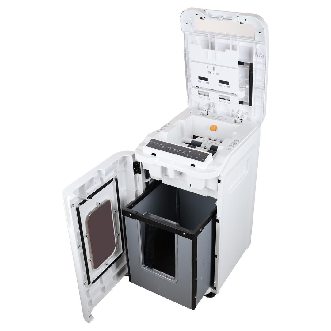 Destructeur de documents confidentiels P4 Coupe croisée AutoShred 400 CP4 4 x 12 mm insertion papier automatique INTIMUS — Bac collecteur et bac insertion papier automatique ouvert