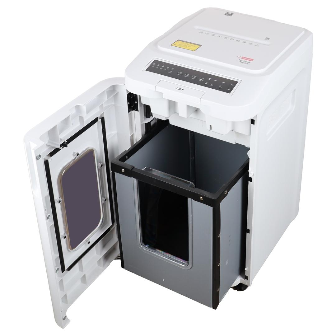 Destructeur de documents confidentiels P4 Coupe croisée AutoShred 400 CP4 4 x 12 mm insertion papier automatique INTIMUS — Bac collecteur ouvert