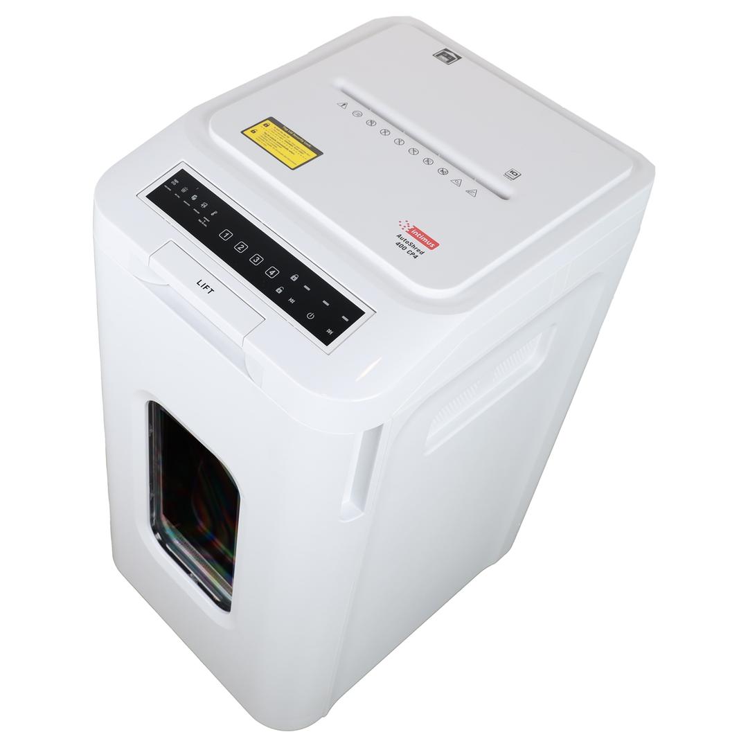 Destructeur de documents confidentiels P4 Coupe croisée AutoShred 400 CP4 4 x 12 mm insertion papier automatique INTIMUS — Vue de dessus