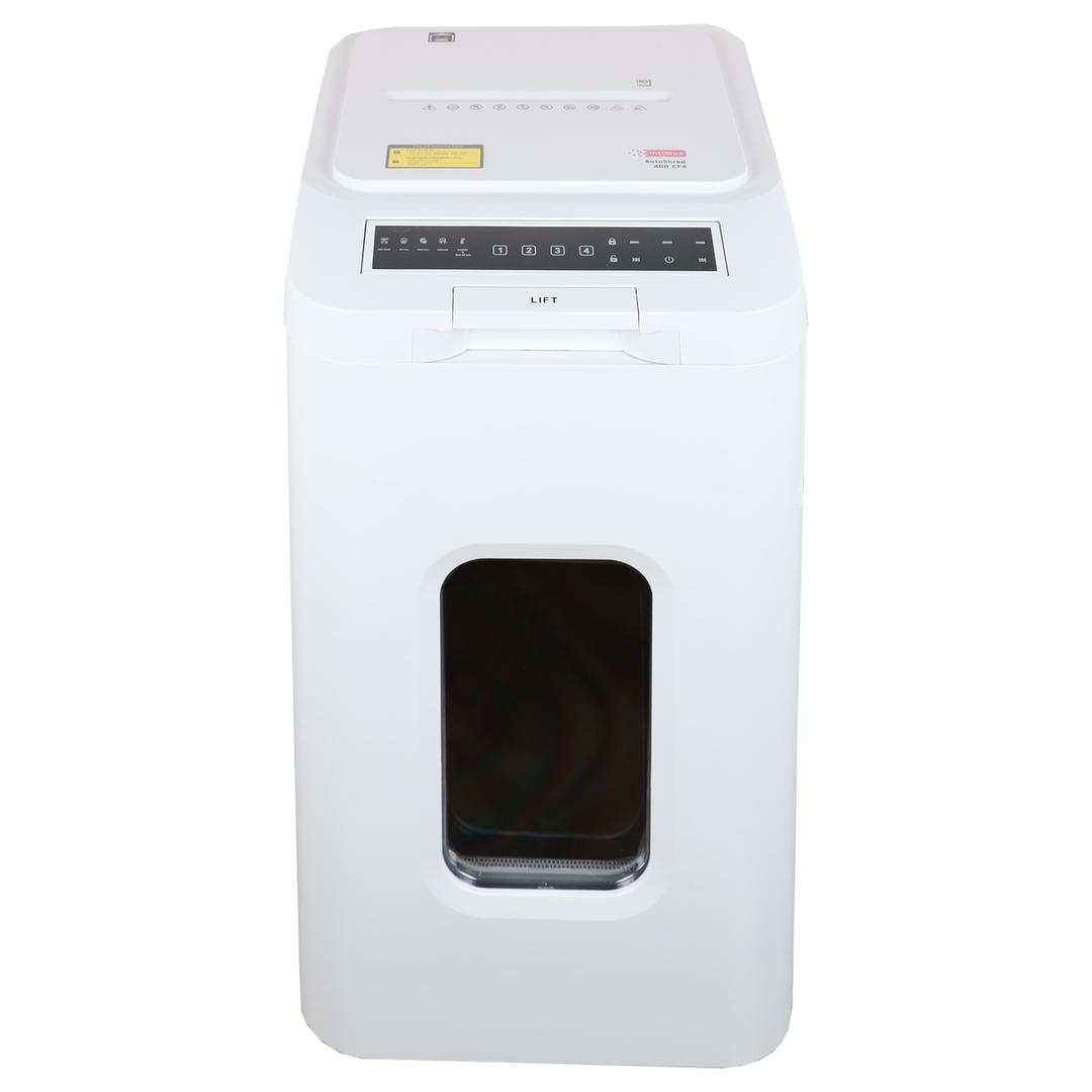 Destructeur de documents confidentiels P4 Coupe croisée AutoShred 400 CP4 4 x 12 mm insertion papier automatique INTIMUS — Vue de face