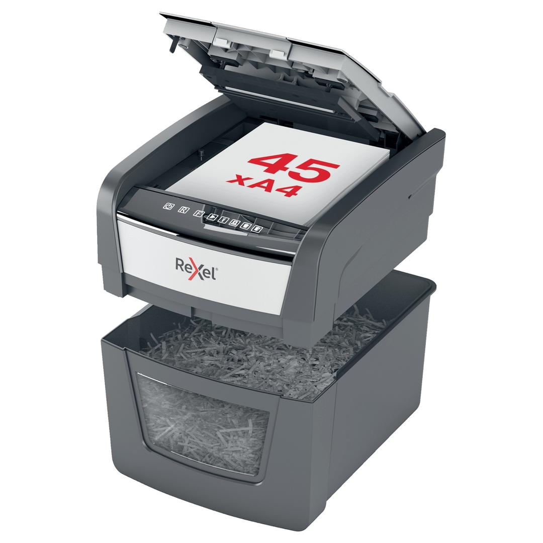 Destructeur de documents confidentiels P4 Coupe croisée Insertion papier automatique Optimum Autofeed+ 45X 4 x 28 mm avec insertion papier automatique REXEL — Capacité insertion papier automatique