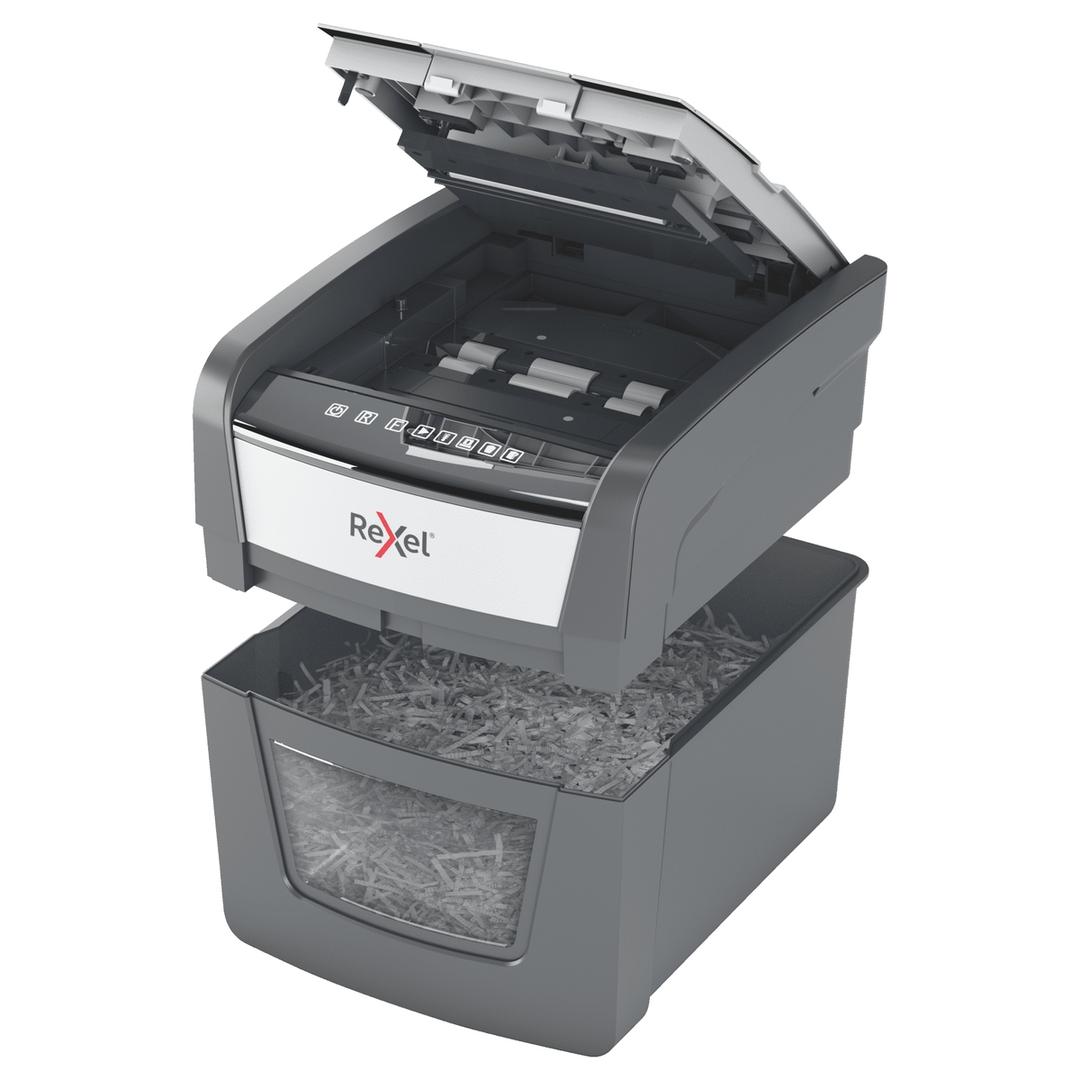 Destructeur de documents confidentiels P4 Coupe croisée Insertion papier automatique Optimum Autofeed+ 45X 4 x 28 mm avec insertion papier automatique REXEL — Corbeille amovile et insertion papier automatique