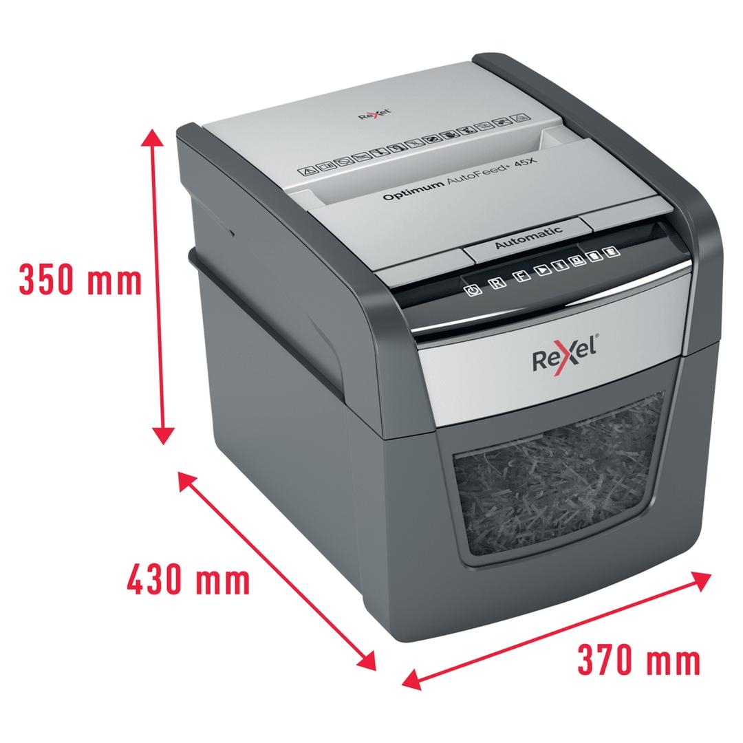 Destructeur de documents confidentiels P4 Coupe croisée Insertion papier automatique Optimum Autofeed+ 45X 4 x 28 mm avec insertion papier automatique REXEL — Dimensions