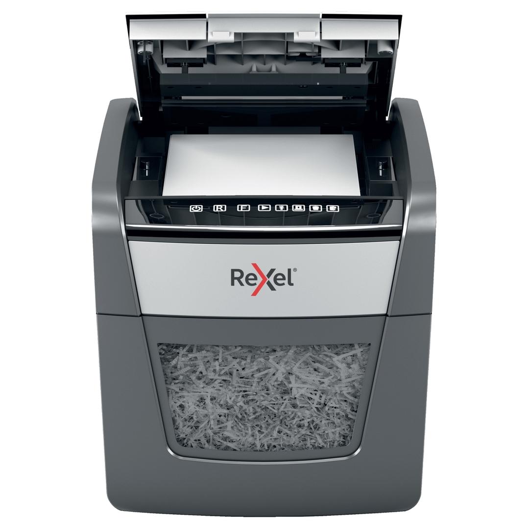 Destructeur de documents confidentiels P4 Coupe croisée Insertion papier automatique Optimum Autofeed+ 45X 4 x 28 mm avec insertion papier automatique REXEL — Insertion papier automatique ouvert