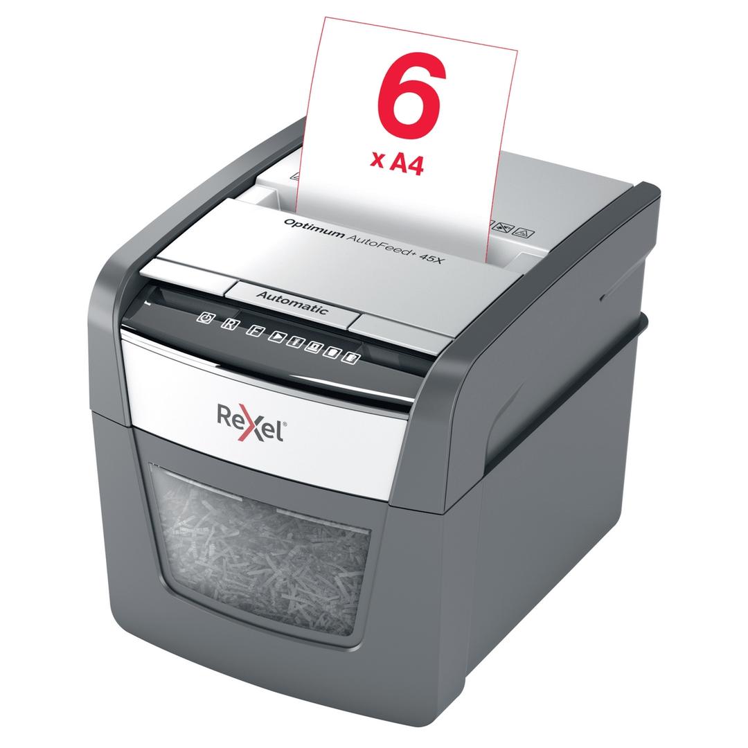 Destructeur de documents confidentiels P4 Coupe croisée Insertion papier automatique Optimum Autofeed+ 45X 4 x 28 mm avec insertion papier automatique REXEL — Insertion papier manuelle