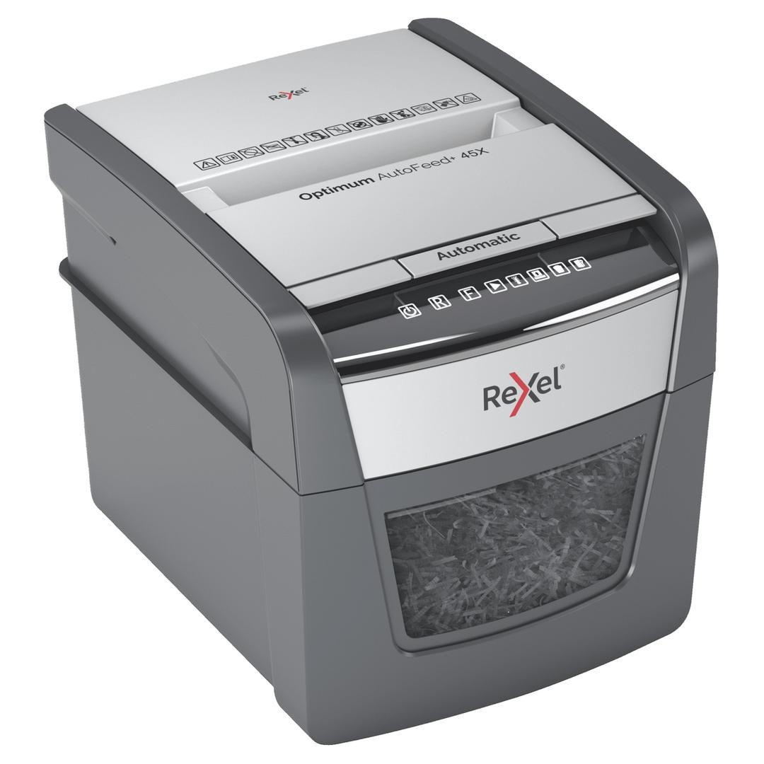 Destructeur de documents confidentiels P4 Coupe croisée Insertion papier automatique Optimum Autofeed+ 45X 4 x 28 mm avec insertion papier automatique REXEL — Vue de droite