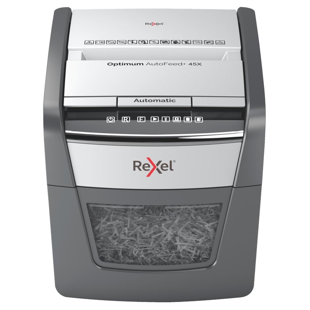Destructeur de documents confidentiels P4 Coupe croisée Insertion papier automatique Optimum Autofeed+ 45X 4 x 28 mm avec insertion papier automatique REXEL — Vue de face