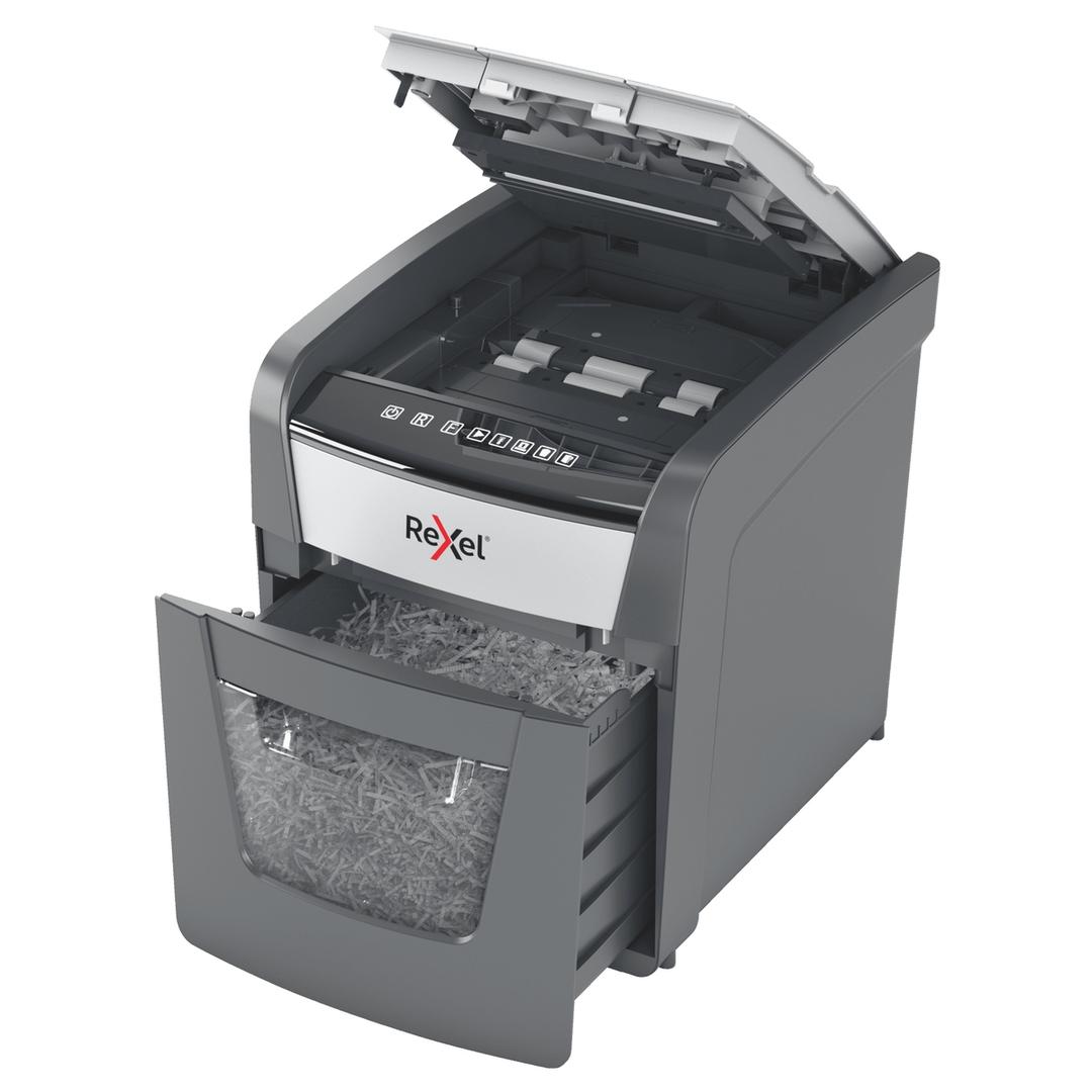 Destructeur de documents confidentiels P4 Coupe croisée Insertion papier automatique Optimum Autofeed+ 50X 4 x 28 mm avec insertion papier automatique REXEL — Bac extractible et insertion papier automatique