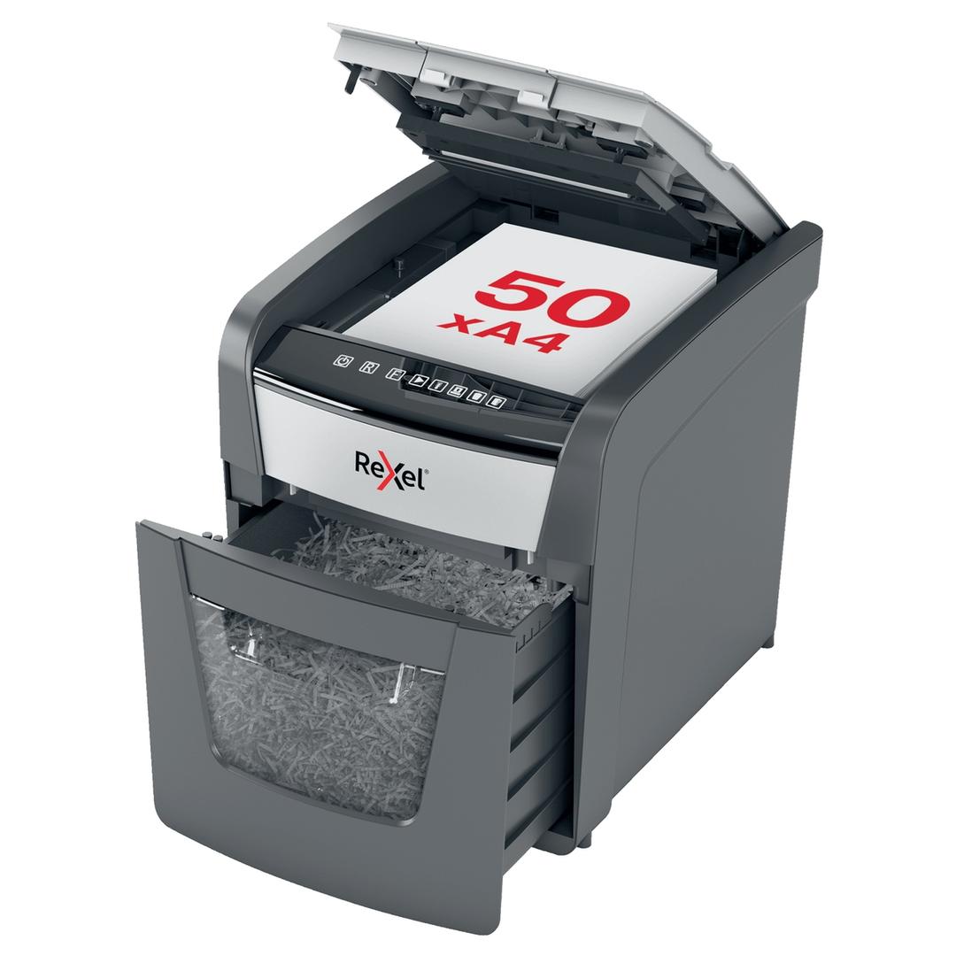 Destructeur de documents confidentiels P4 Coupe croisée Insertion papier automatique Optimum Autofeed+ 50X 4 x 28 mm avec insertion papier automatique REXEL — Capacité insertion papier automatique