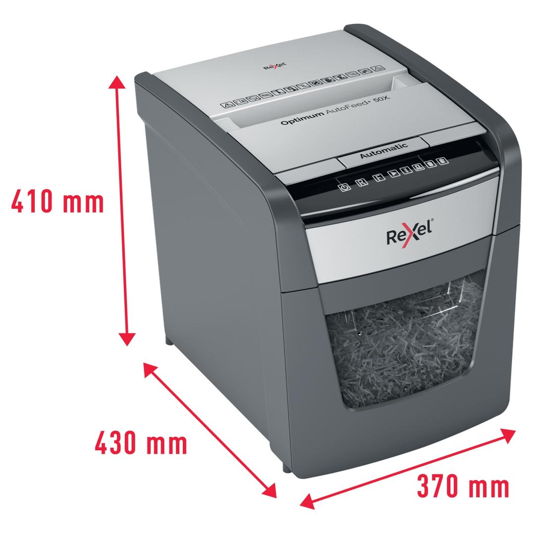 Destructeur de documents confidentiels P4 Coupe croisée Insertion papier automatique Optimum Autofeed+ 50X 4 x 28 mm avec insertion papier automatique REXEL — Dimensions