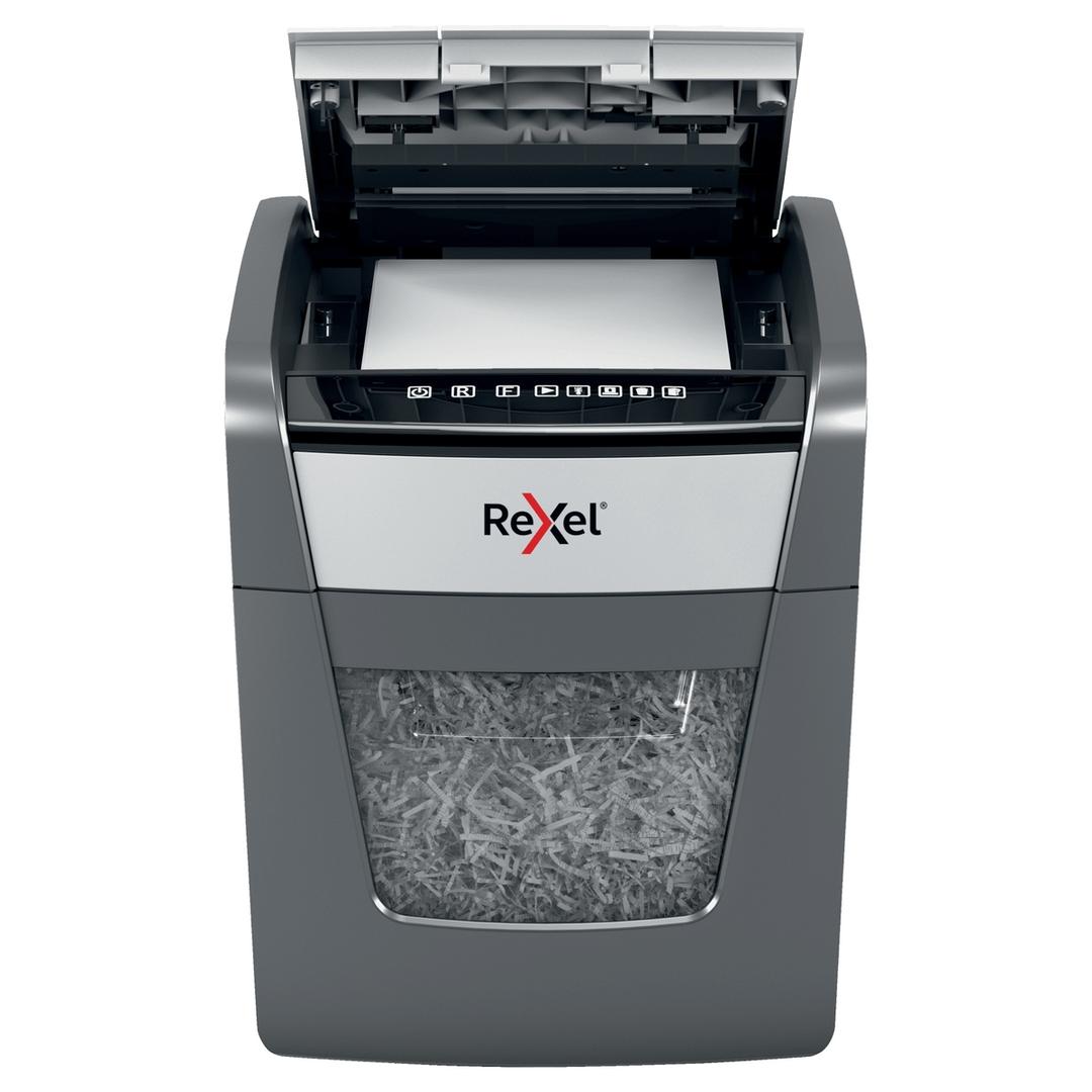 Destructeur de documents confidentiels P4 Coupe croisée Insertion papier automatique Optimum Autofeed+ 50X 4 x 28 mm avec insertion papier automatique REXEL — Insertion papier automatique ouvert