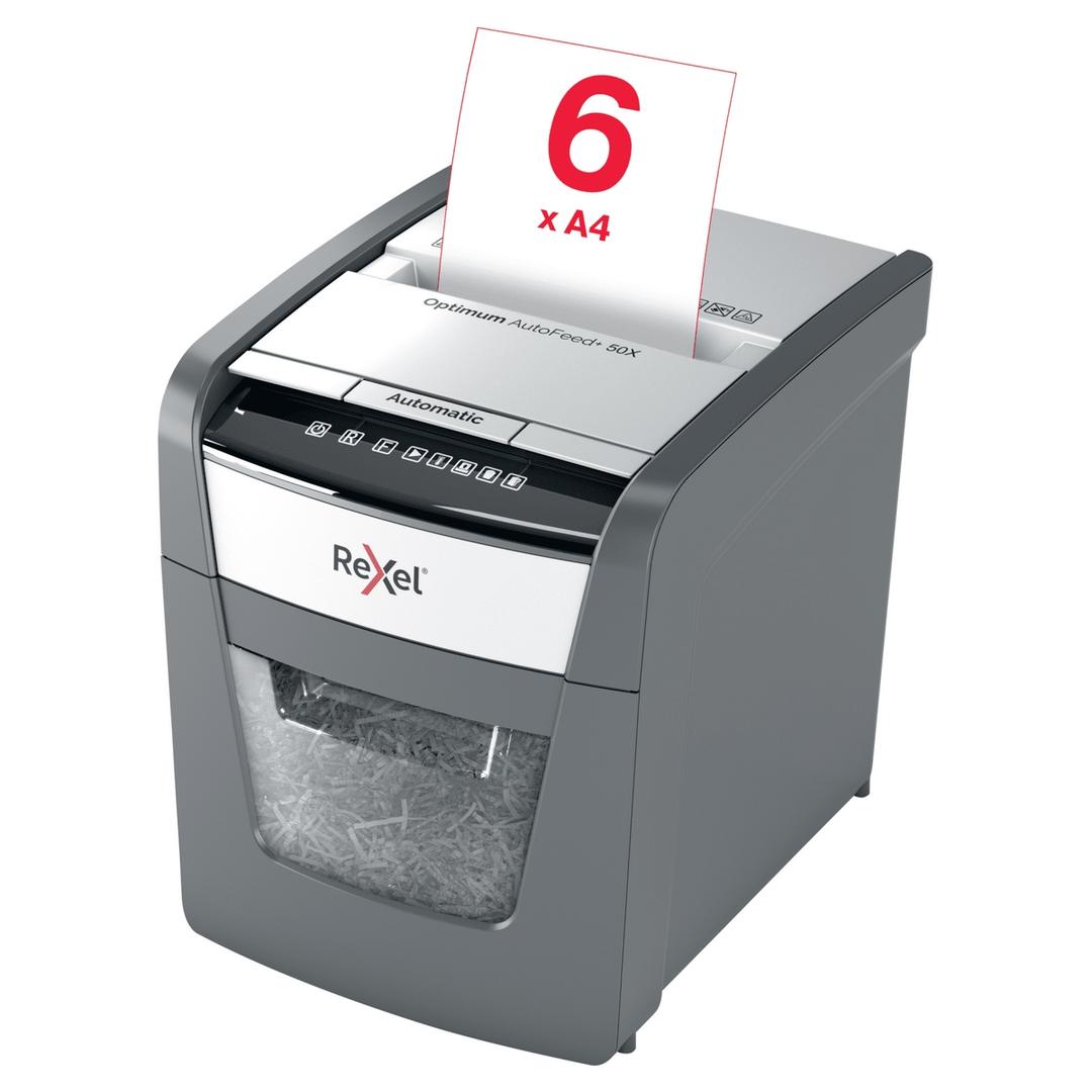 Destructeur de documents confidentiels P4 Coupe croisée Insertion papier automatique Optimum Autofeed+ 50X 4 x 28 mm avec insertion papier automatique REXEL — Insertion papier manuelle