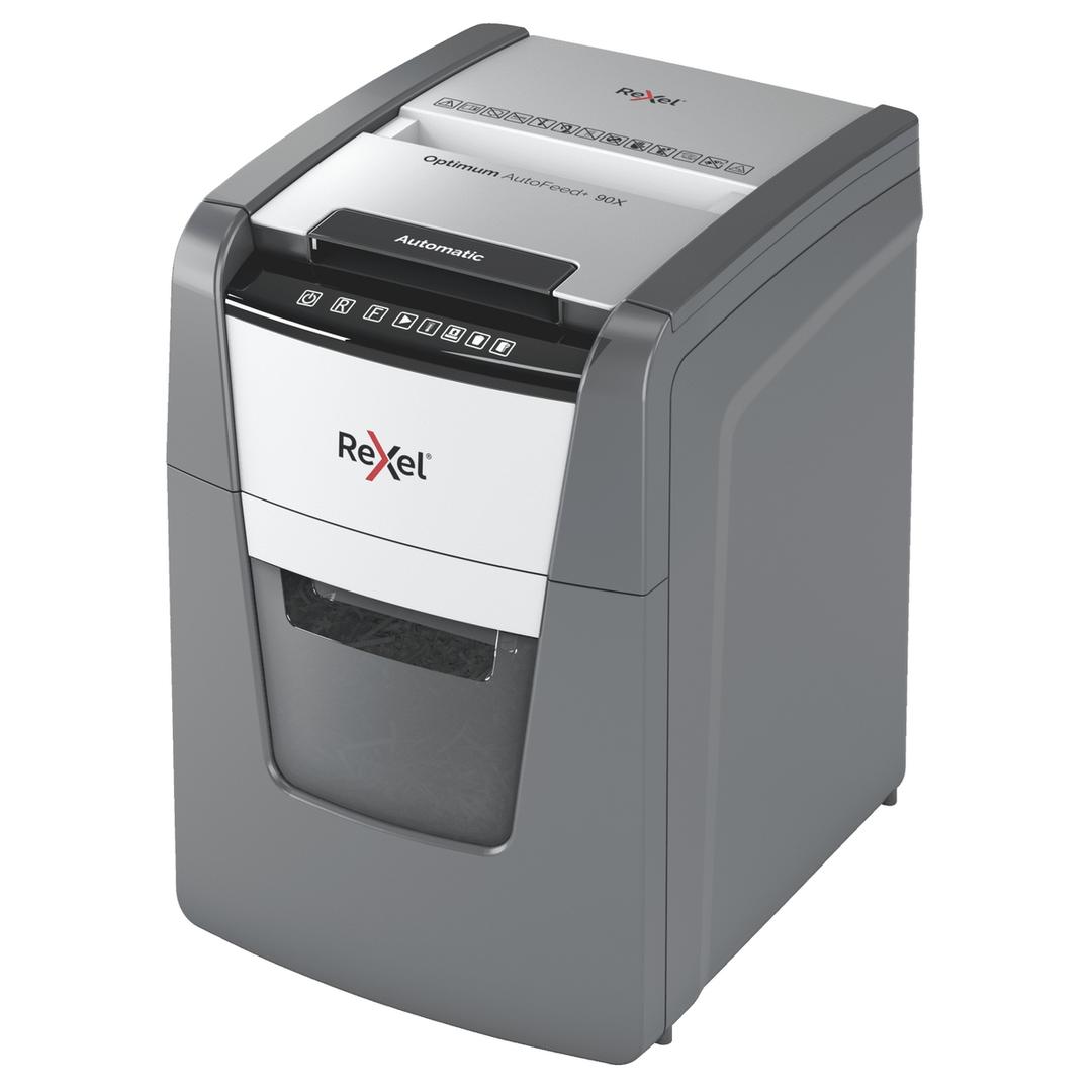 Destructeur de documents confidentiels P4 Coupe croisée Insertion papier automatique Optimum Autofeed+ 90X 4 x 28 mm avec insertion papier automatique REXEL — Base