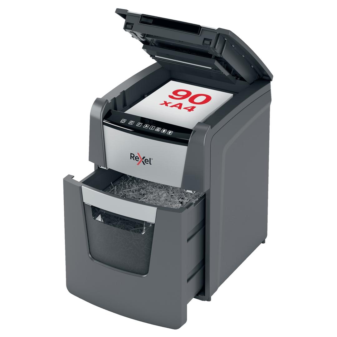 Destructeur de documents confidentiels P4 Coupe croisée Insertion papier automatique Optimum Autofeed+ 90X 4 x 28 mm avec insertion papier automatique REXEL — Capacité insertion papier automatique