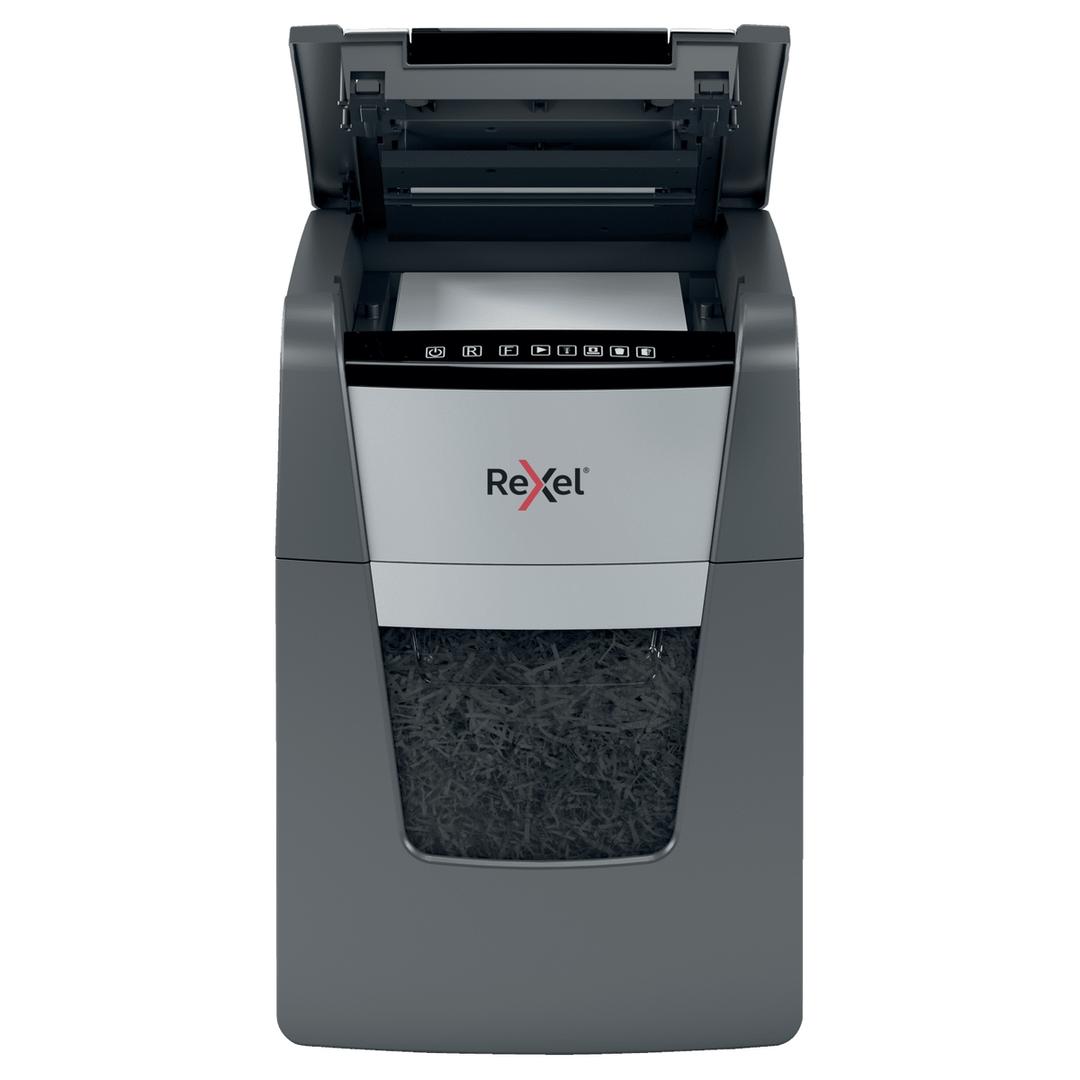Destructeur de documents confidentiels P4 Coupe croisée Insertion papier automatique Optimum Autofeed+ 90X 4 x 28 mm avec insertion papier automatique REXEL — Insertion papier automatique ouvert