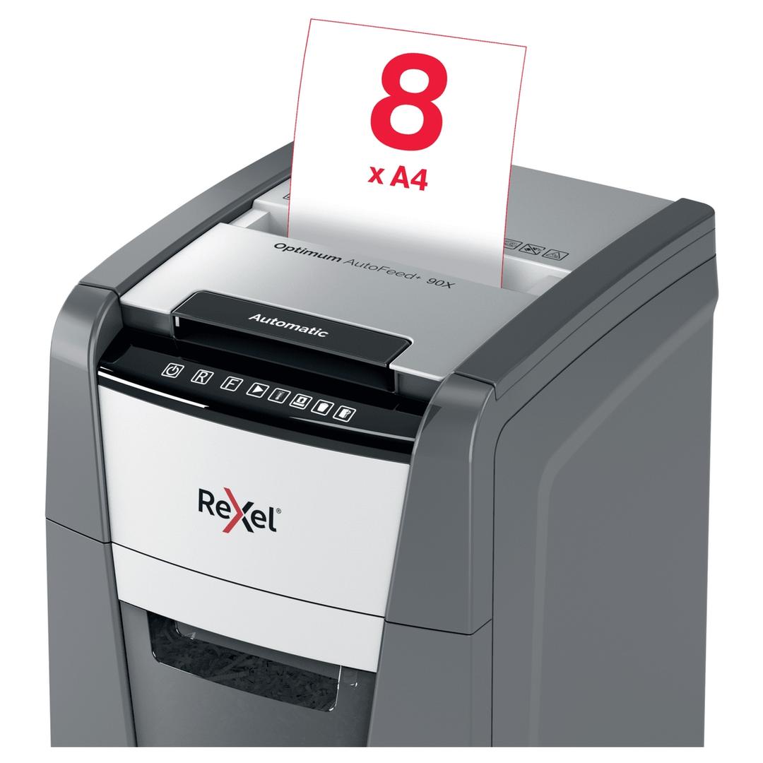 Destructeur de documents confidentiels P4 Coupe croisée Insertion papier automatique Optimum Autofeed+ 90X 4 x 28 mm avec insertion papier automatique REXEL — Insertion papier manuelle