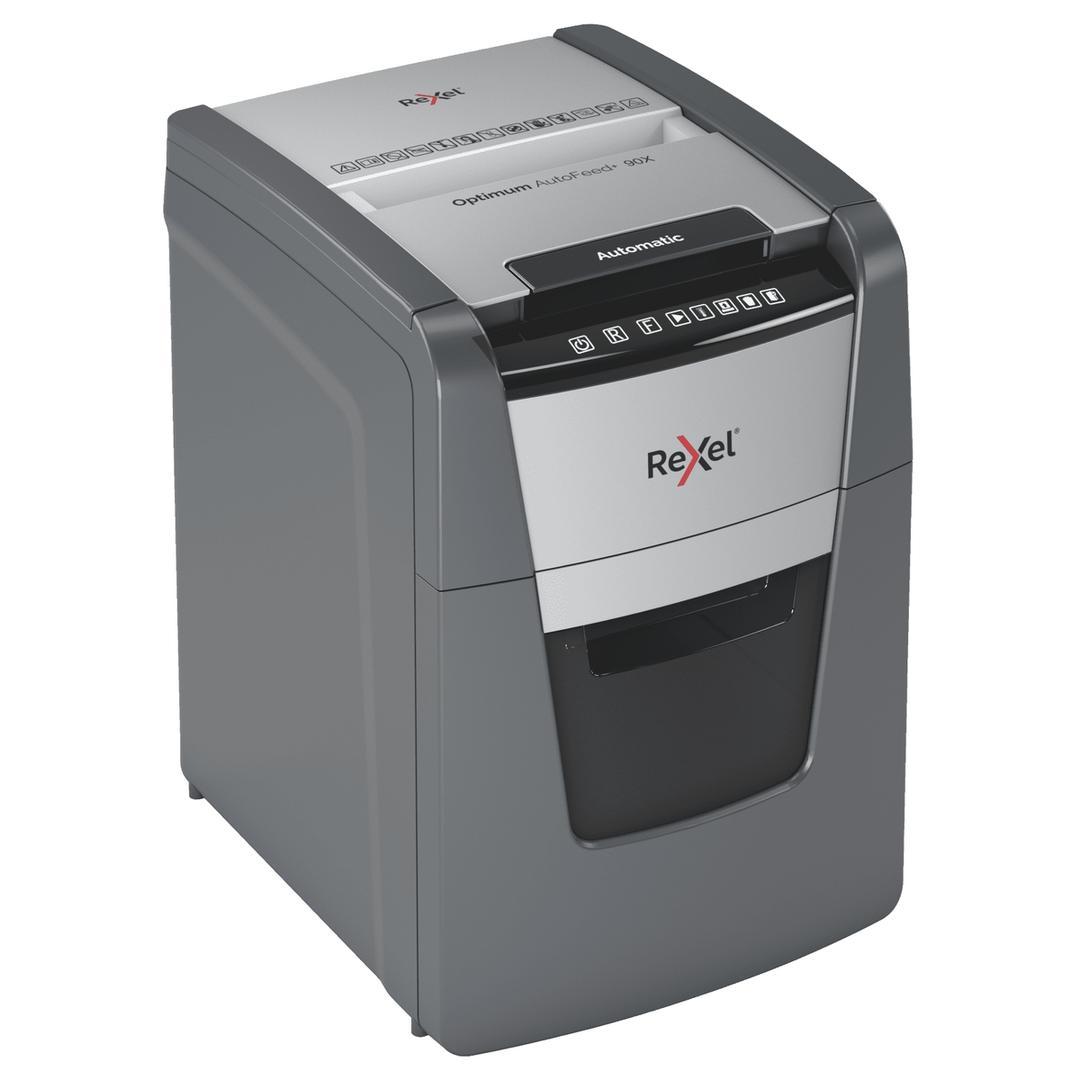Destructeur de documents confidentiels P4 Coupe croisée Insertion papier automatique Optimum Autofeed+ 90X 4 x 28 mm avec insertion papier automatique REXEL — Vue de droite