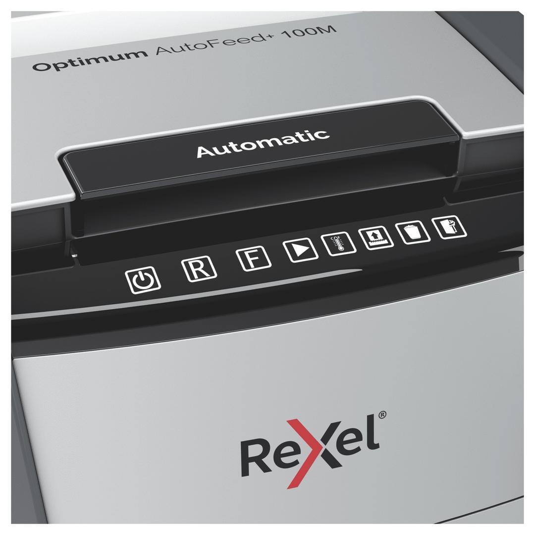 Destructeur de documents très confidentiels P5 Coupe croisée Insertion papier automatique Optimum Autofeed+ 100M 2 x 15 mm avec insertion papier automatique REXEL — Détails boutons