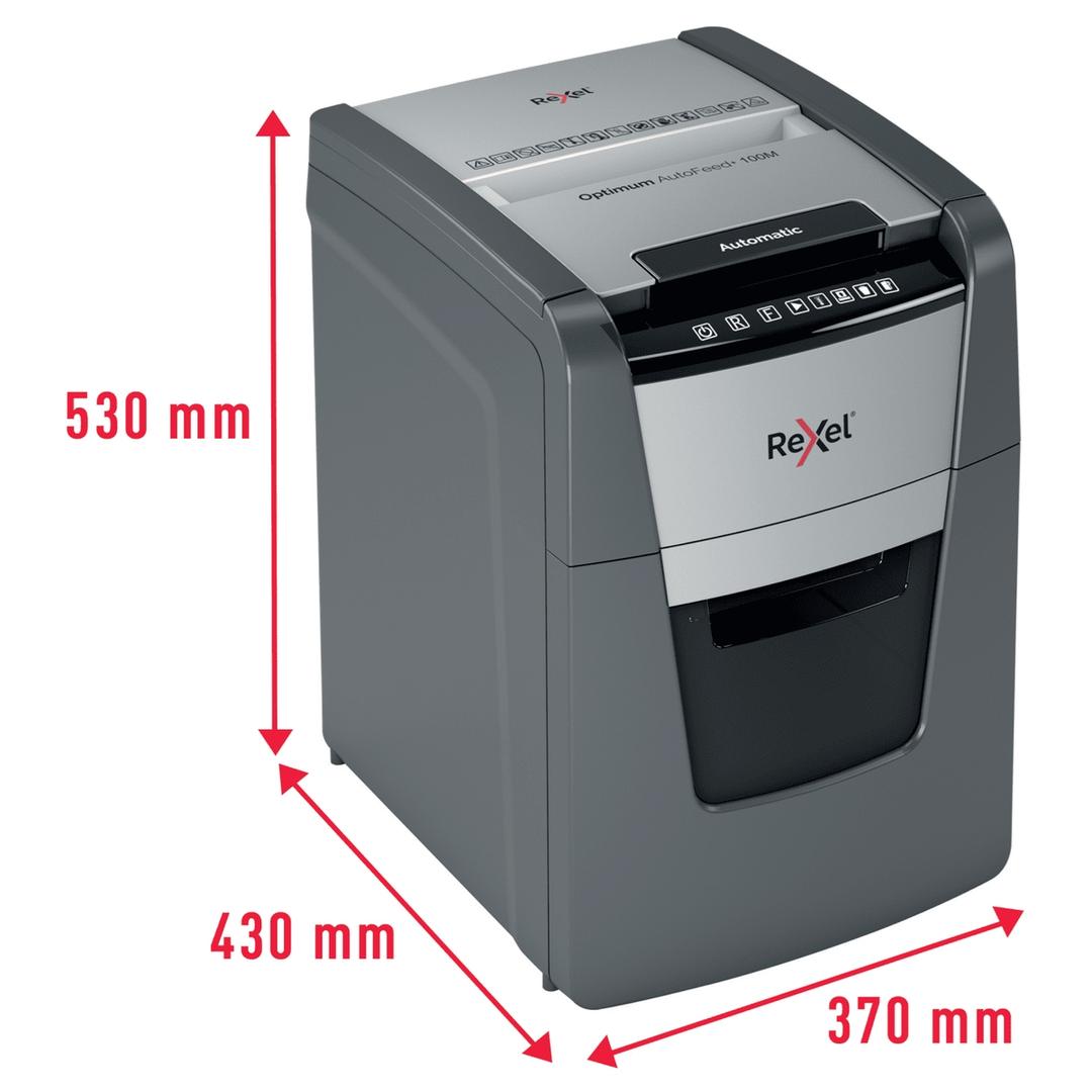 Destructeur de documents très confidentiels P5 Coupe croisée Insertion papier automatique Optimum Autofeed+ 100M 2 x 15 mm avec insertion papier automatique REXEL — Dimensions