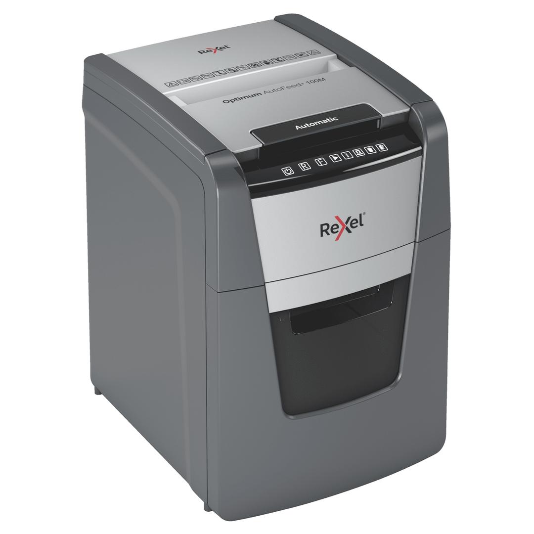 Destructeur de documents très confidentiels P5 Coupe croisée Insertion papier automatique Optimum Autofeed+ 100M 2 x 15 mm avec insertion papier automatique REXEL — Vue de droite