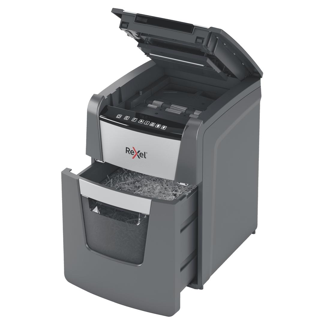 Destructeur de documents confidentiels P4 Coupe croisée Insertion papier automatique Optimum Autofeed+ 100X 4 x 28 mm avec insertion papier automatique REXEL — Bac extractible et insertion papier automatique