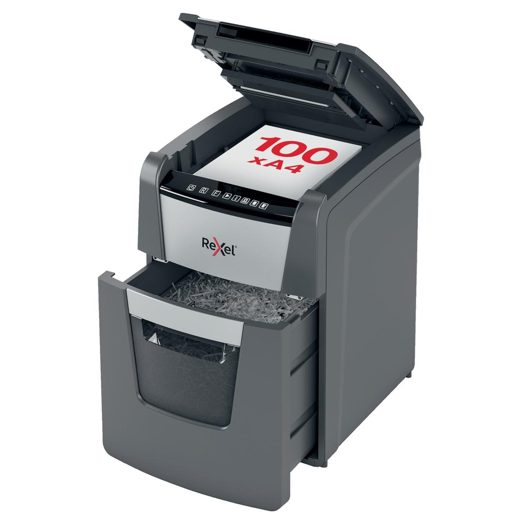 Destructeur de documents confidentiels P4 Coupe croisée Insertion papier automatique Optimum Autofeed+ 100X 4 x 28 mm avec insertion papier automatique REXEL — Capacité insertion papier automatique