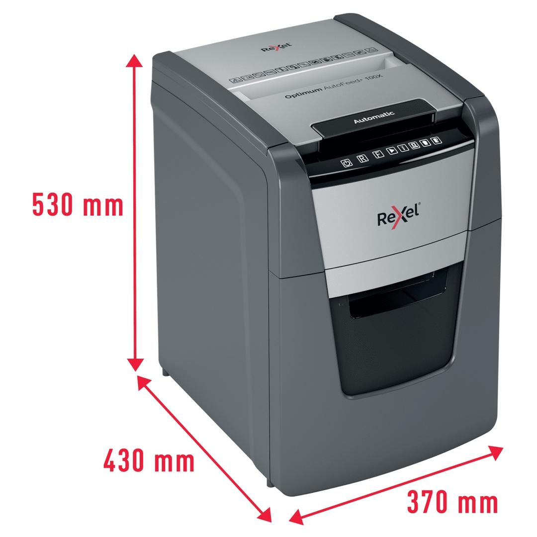 Destructeur de documents confidentiels P4 Coupe croisée Insertion papier automatique Optimum Autofeed+ 100X 4 x 28 mm avec insertion papier automatique REXEL — Dimensions