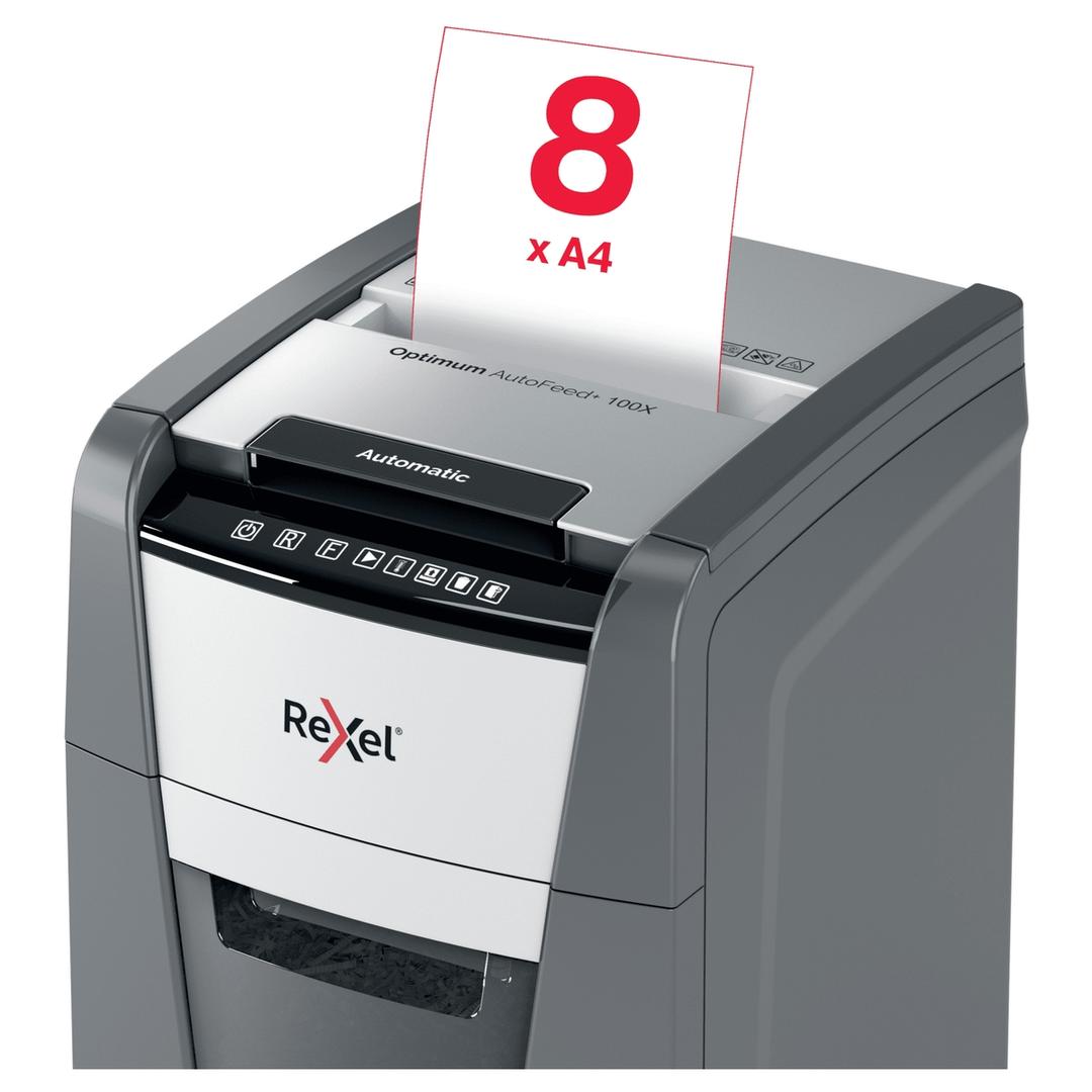 Destructeur de documents confidentiels P4 Coupe croisée Insertion papier automatique Optimum Autofeed+ 100X 4 x 28 mm avec insertion papier automatique REXEL — Insertion papier manuelle