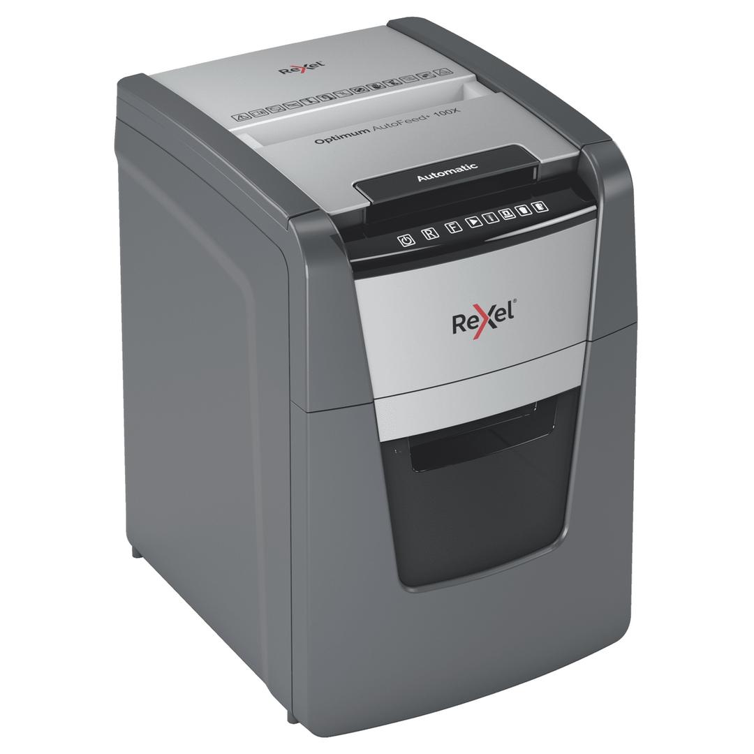 Destructeur de documents confidentiels P4 Coupe croisée Insertion papier automatique Optimum Autofeed+ 100X 4 x 28 mm avec insertion papier automatique REXEL — Vue de droite