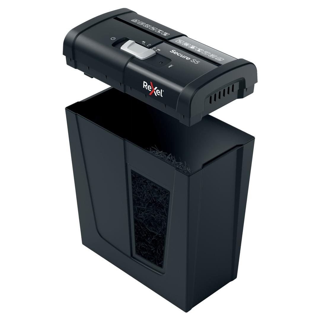 Destructeur de documents P2 Coupe droite Secure S5 6 mm REXEL — Corbeille amovible ouverte