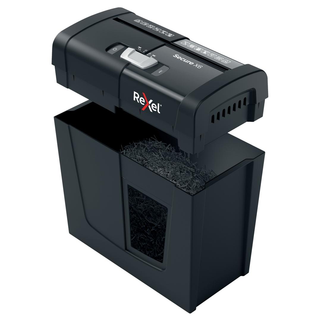 Destructeur de documents confidentiels P4 Coupe croisée Secure X6 4 x 40 mm REXEL — Corbeille amovible ouverte