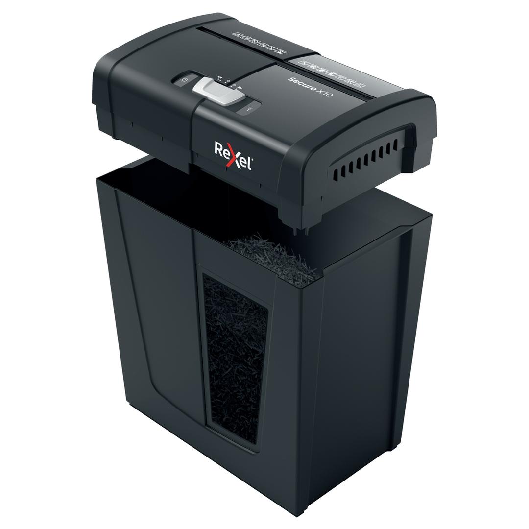 Destructeur de documents confidentiels P4 Coupe croisée Secure X10 4 x 40 mm REXEL — Corbeille amovible ouverte