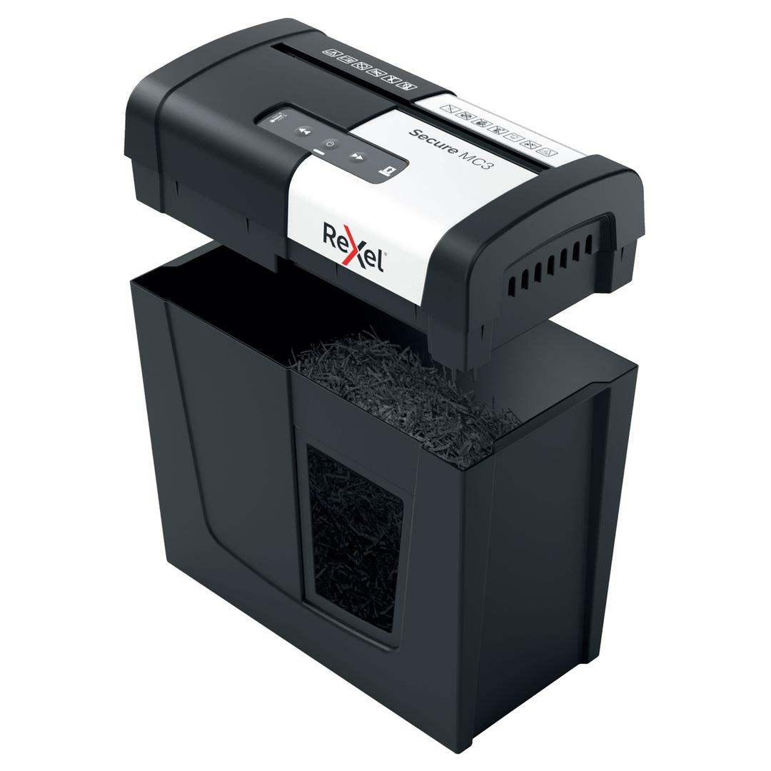 Destructeur de documents très confidentiels P5 Coupe croisée Secure MC3 2 x 15 mm REXEL — Corbeille amovible ouverte