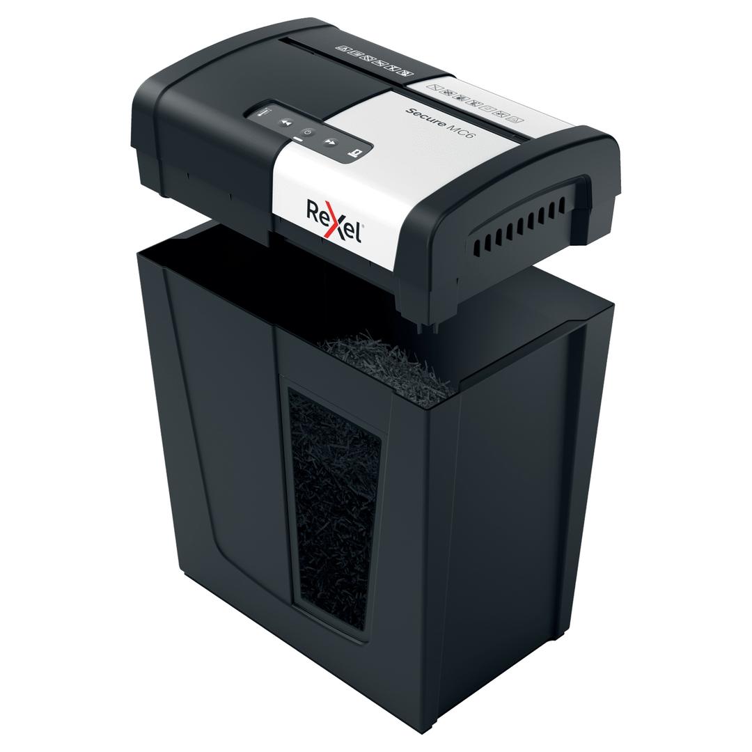 Destructeur de documents très confidentiels P5 Coupe croisée Secure MC6 2 x 15 mm REXEL — Corbeille amovible ouverte