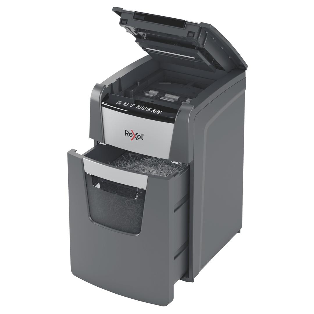 Destructeur de documents très confidentiels P5 Coupe croisée Insertion papier automatique Optimum Autofeed+ 130M 2 x 15 mm avec insertion papier automatique REXEL — Bac extractible et insertion papier automatique