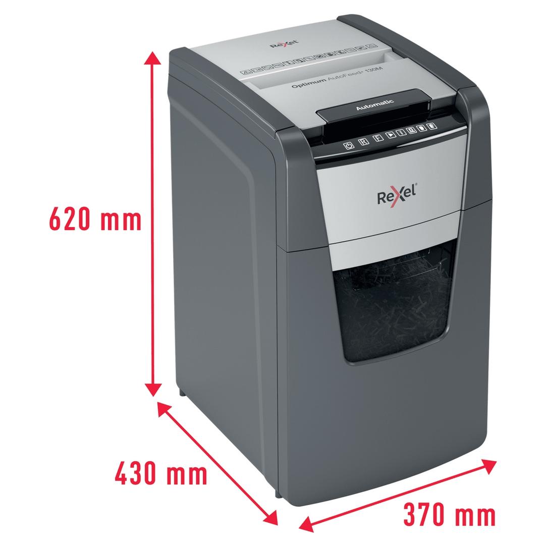 Destructeur de documents très confidentiels P5 Coupe croisée Insertion papier automatique Optimum Autofeed+ 130M 2 x 15 mm avec insertion papier automatique REXEL — Dimensions