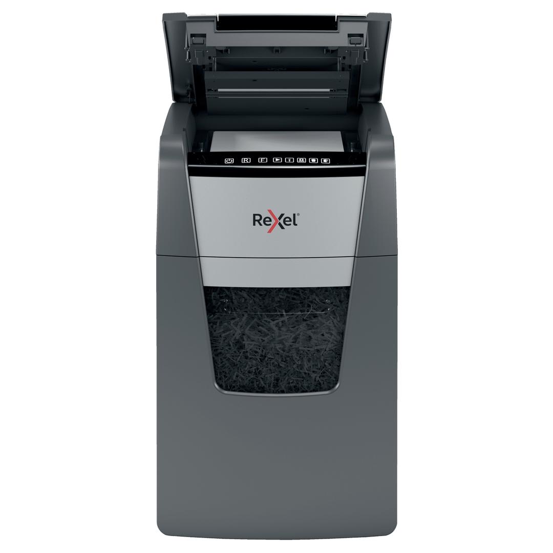 Destructeur de documents très confidentiels P5 Coupe croisée Insertion papier automatique Optimum Autofeed+ 130M 2 x 15 mm avec insertion papier automatique REXEL — Insertion papier automatique ouvert