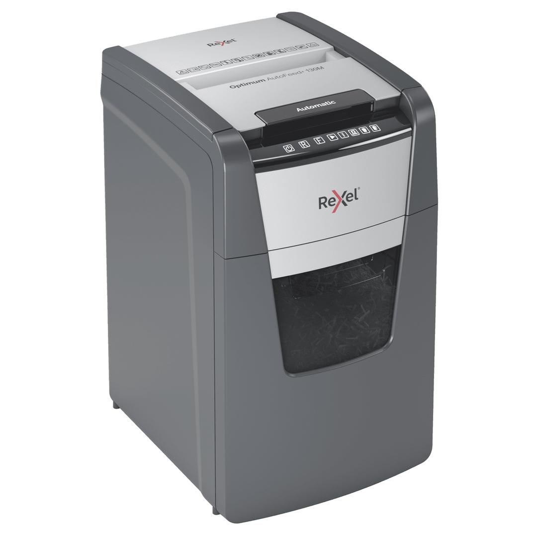 Destructeur de documents très confidentiels P5 Coupe croisée Insertion papier automatique Optimum Autofeed+ 130M 2 x 15 mm avec insertion papier automatique REXEL — Vue de droite