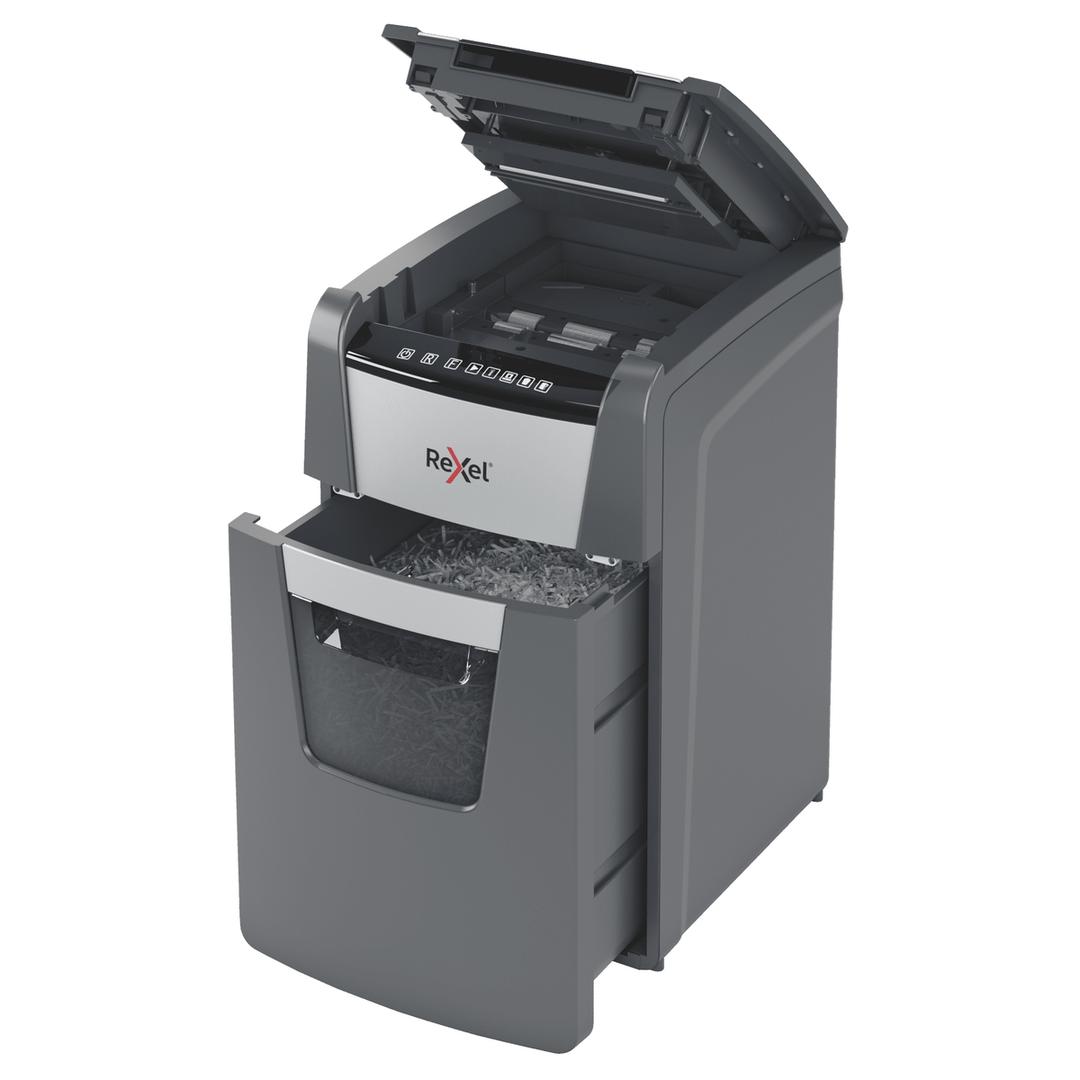 Destructeur de documents confidentiels P4 Coupe croisée Insertion papier automatique Optimum Autofeed+ 130X 4 x 28 mm avec insertion papier automatique REXEL — Bac extractible et insertion papier automatique
